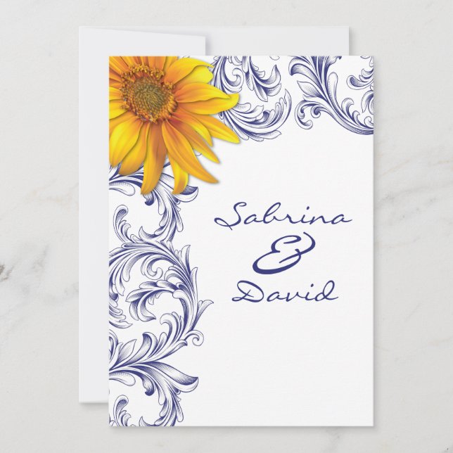 Invitación Boda Ornate Royal Blue y Yellow Sunflowers (Anverso)