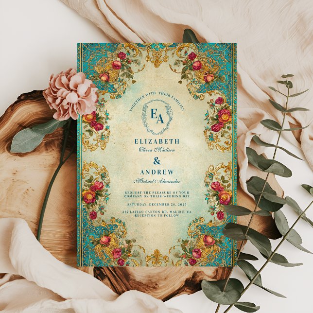 Invitación Boda Ornate Verde azulada y Gold Garden (Subido por el creador)
