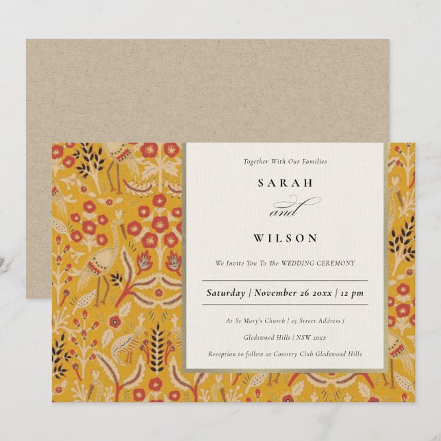 Invitación Boda Ornate Yellow Gold Classy Floral Peacock (Anverso / Reverso)