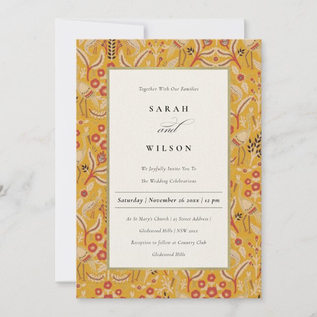 Invitación Boda Ornate Yellow Gold Classy Floral Peacock (Anverso)