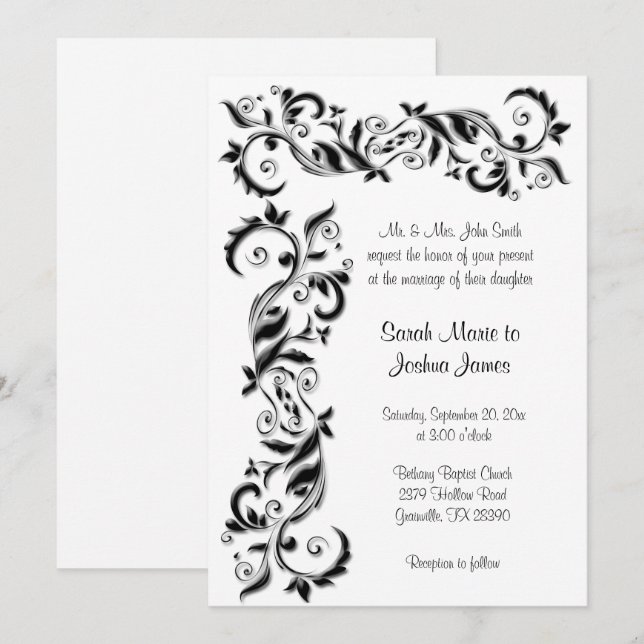 Invitación Boda Ornato de pergamino blanco y negro (Anverso / Reverso)