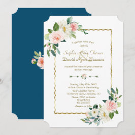 Invitación Boda oro azul marino flores de acuarela rubor