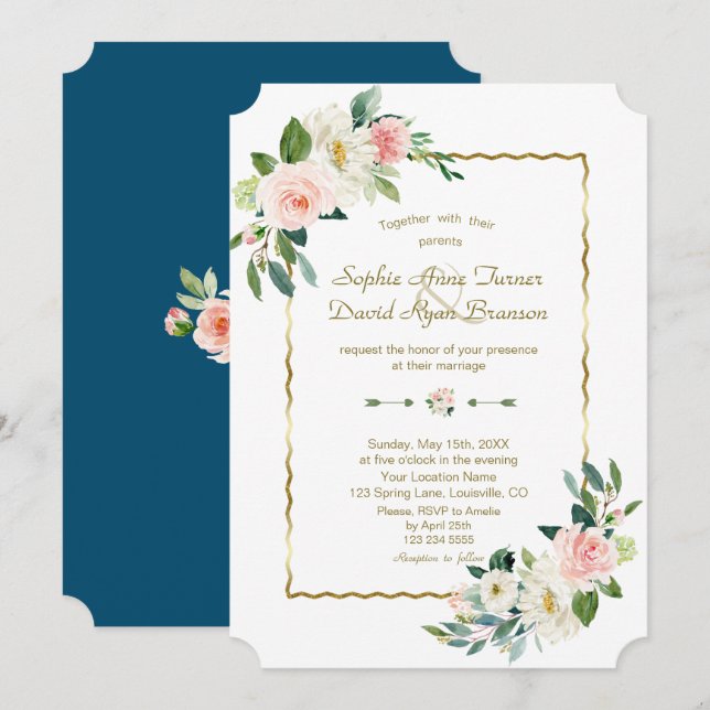 Invitación Boda oro azul marino flores de acuarela rubor (Anverso / Reverso)