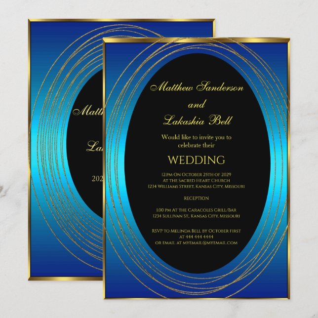 Invitación Boda Oro Azul Negro Elegante Moderno (Anverso / Reverso)