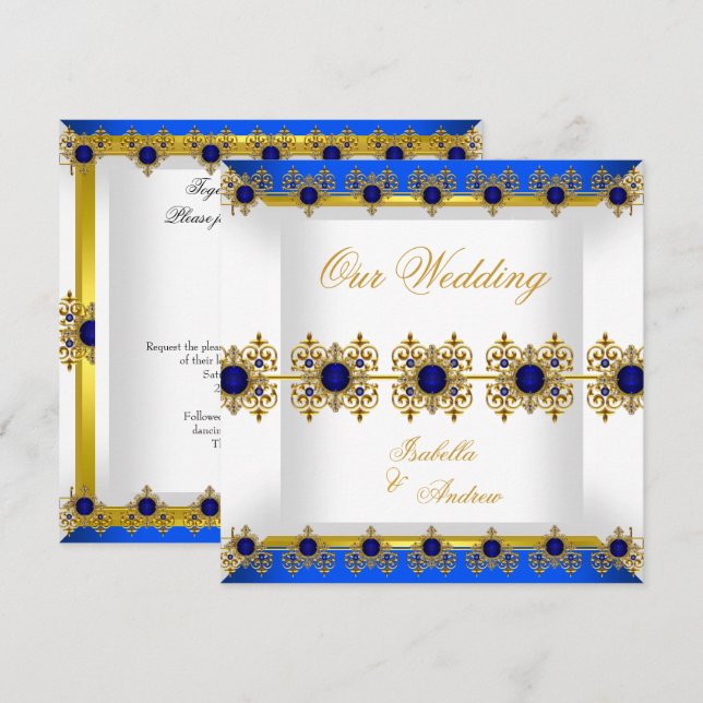 Invitación Boda Oro Azul Real Gema Blanca (Anverso / Reverso)