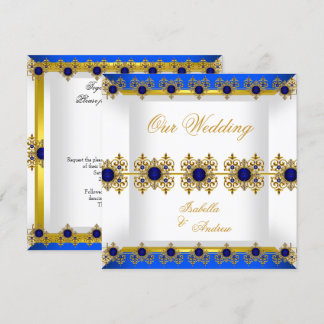 Invitación Boda Oro Azul Real Gema Blanca