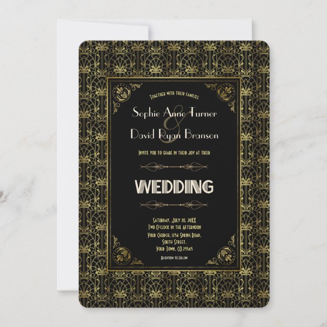 Invitación Boda | Oro Black Roaring Art Deco de los años 20 (Anverso)