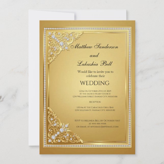 Invitación Boda Oro Diamantes Elegante  (Anverso)