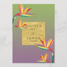 Invitación Boda Oro Púrpura y Verde Ave del Paraíso