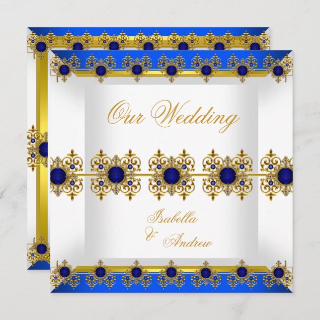 Invitación Boda Oro Royal Blue Gem Blanco (Anverso / Reverso)