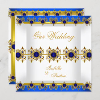 Invitación Boda Oro Royal Blue Gem Blanco