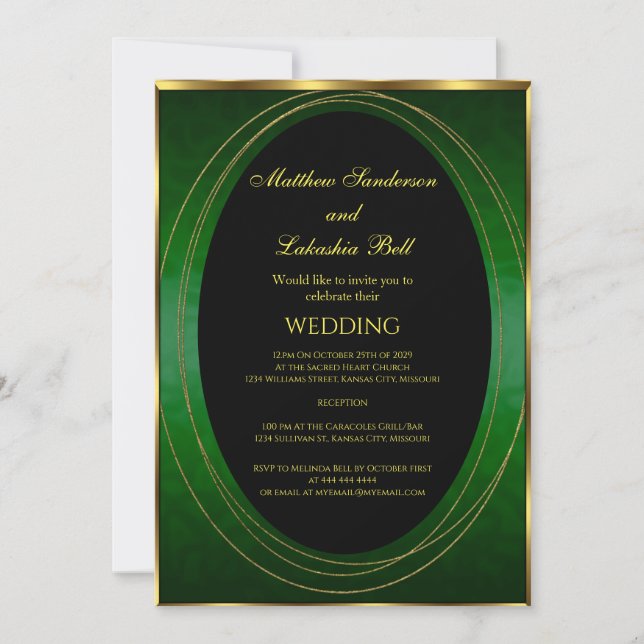 Invitación Boda oro verde esmeralda negro elegante moderno (Anverso)