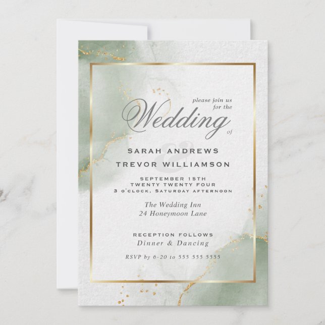 Invitación Boda oro verde salvia apagado  (Anverso)