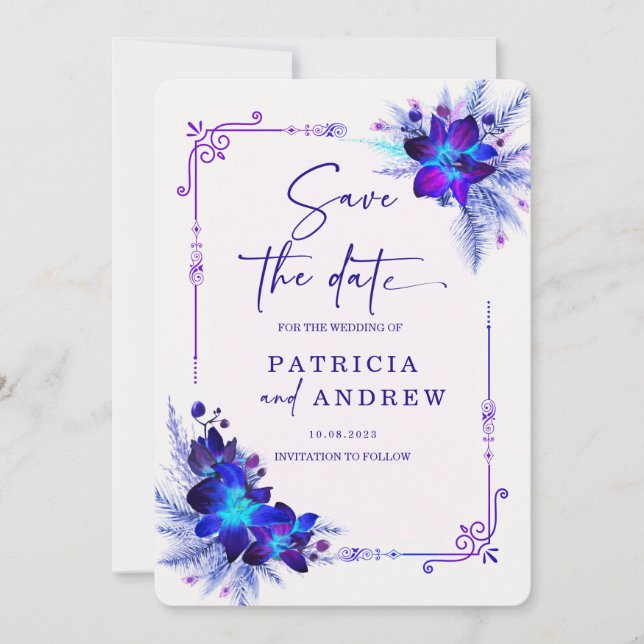 Invitación Boda Orquídea Azul Púrpura Guardar la fecha (Anverso)