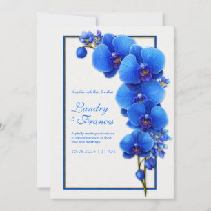 Invitación Boda Orquídea Dorada Azul Cobalto