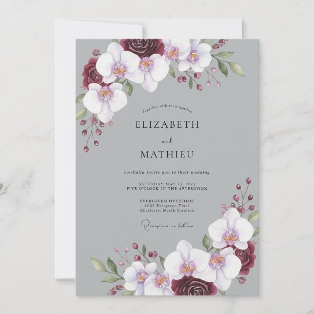 Invitación Boda Orquídea Gris Granate (Anverso)