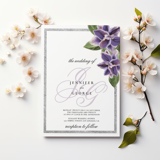 Invitación Boda orquídea lavanda púrpura brillo plateado chic (Chic silver glitter purple lavender orchid)