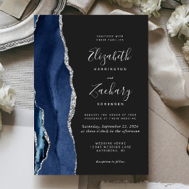 Invitación Boda oscura azul marino plata ágata moderna