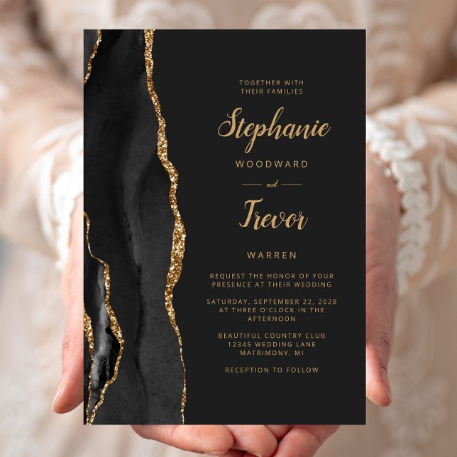 Invitación Boda Oscura de Ágata Dorada Negra Moderna (Subido por el creador)