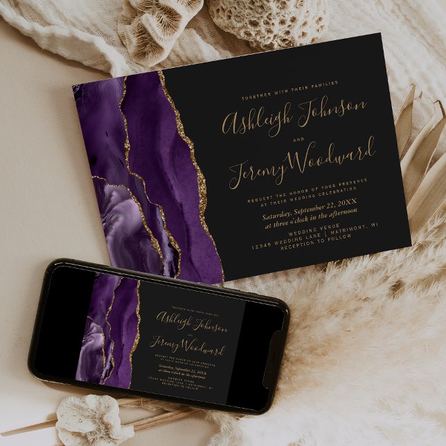 Invitación Boda oscura de ágata dorada y púrpura moderna (Subido por el creador)
