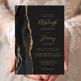 Invitación Boda oscura de ágata negra dorada moderna