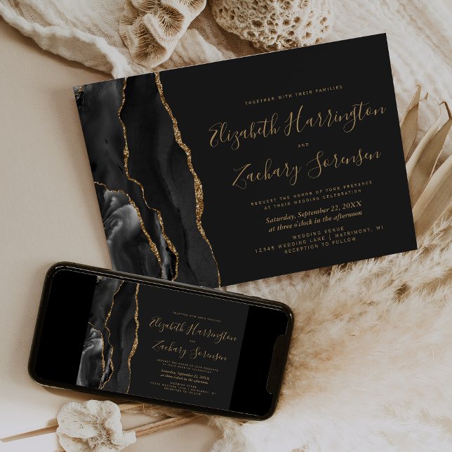 Invitación Boda oscura de ágata negra dorada moderna (Subido por el creador)