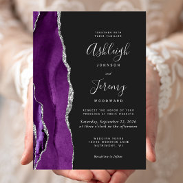 Invitación Boda oscura de ágata plateada púrpura moderna