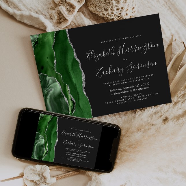 Invitación Boda oscura de ágata plateada verde moderna (Subido por el creador)