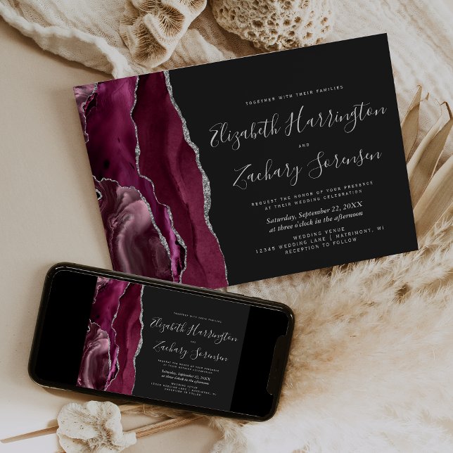 Invitación Boda Oscura de Burgundy Moderno con Agata Plateada (Subido por el creador)