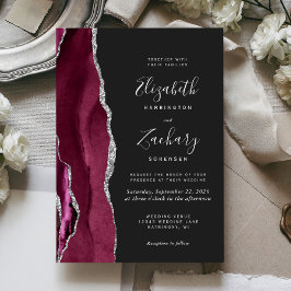 Invitación Boda oscura de burgundy moderno con plata y ágata