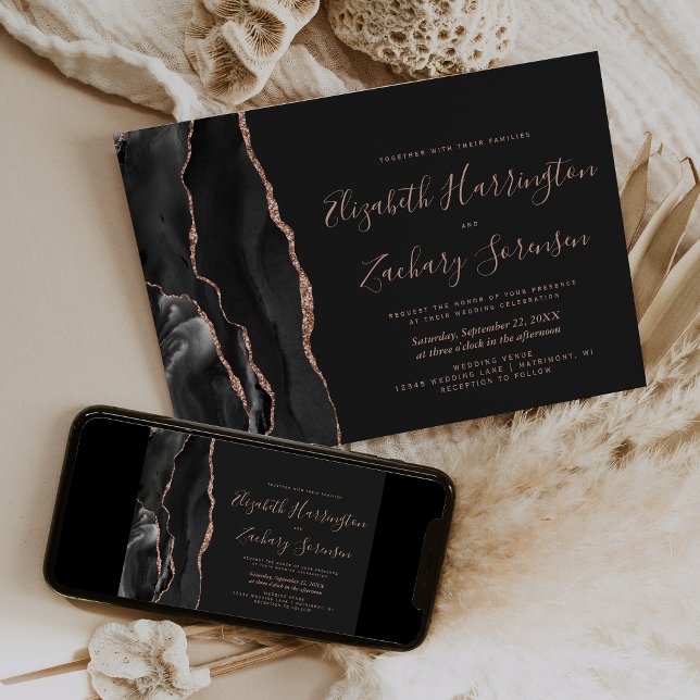 Invitación Boda oscura de rosa negra moderna dorada ágata (Subido por el creador)