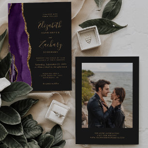 Invitación Boda oscura foto de ágata dorada púrpura moderna