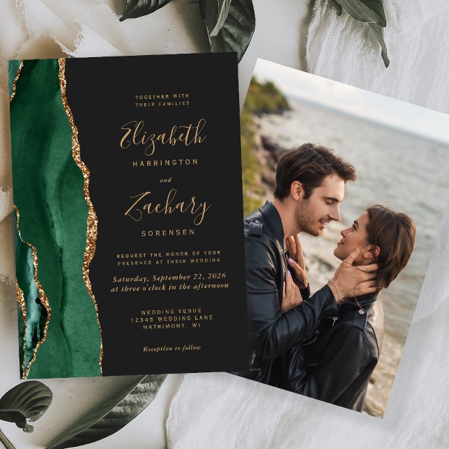 Invitación Boda Oscura Foto de Ágata Dorada Verde Esmeralda (Subido por el creador)