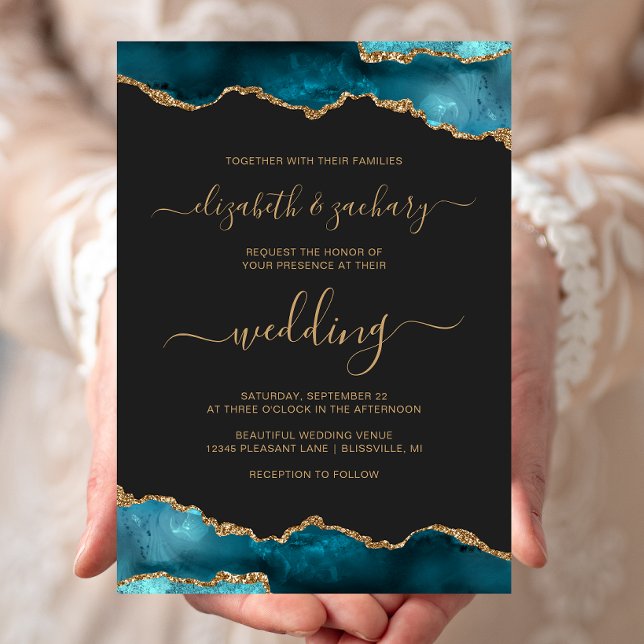 Invitación Boda oscura moderna con ágata teal y oro (Subido por el creador)