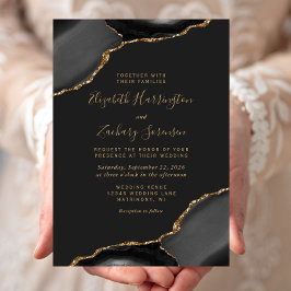 Invitación Boda Oscura Moderna con Esquinas de Ágata Dorada N