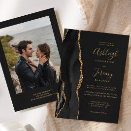 Invitación Boda oscura moderna de ágata negra y oro en foto