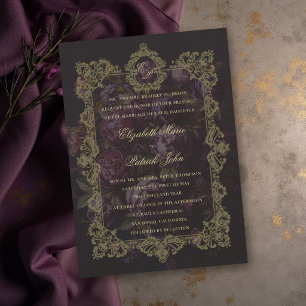Invitación Boda oscura victoriana con encaje botánico crest o