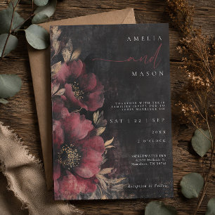 Invitación Boda oscura y floral de burgundy y negro