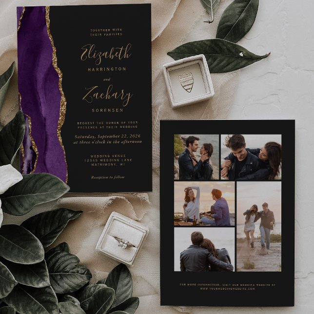 Invitación boda oscuro de 5 fotografías Purple Gold Agate (Subido por el creador)