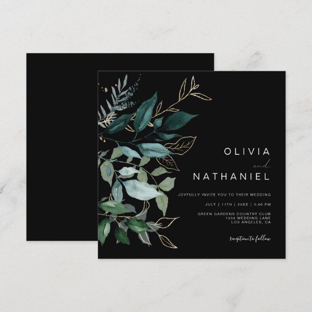 Invitación Boda oscuro de hoja de oro de verde esmeralda (Anverso / Reverso)