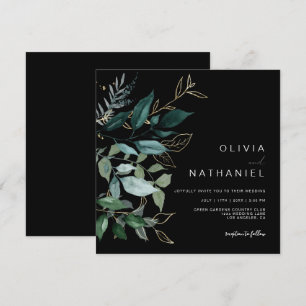 Invitación Boda oscuro de hoja de oro de verde esmeralda