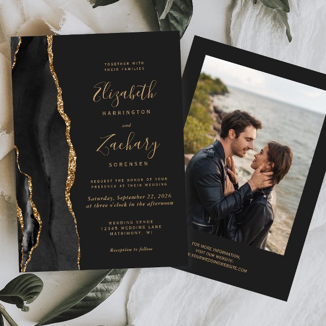 Invitación Boda oscuro de la moderna Agate de oro negro (Subido por el creador)
