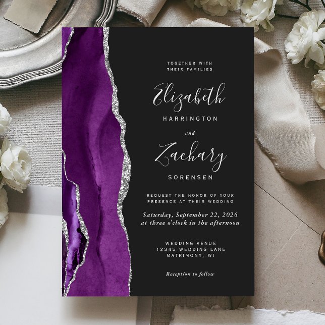 Invitación Boda oscuro de la plata morada moderna (The perfect choice for a purple and silver themed wedding.)