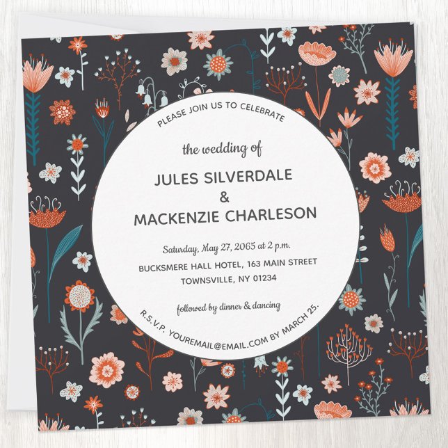 Invitación Boda oscuro de las flores de verano escandinavas (Scandinavian style dark floral peach teal and black wedding invitation)