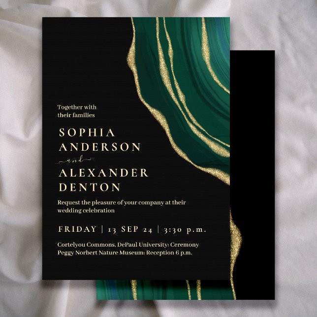 Invitación Boda oscuro de lujo verde y oro agate (Subido por el creador)
