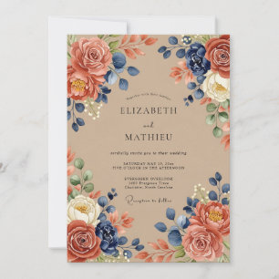 Invitación Boda Otoñal Abundante en Terracota Navy