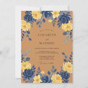 Invitación Boda Otoñal Amarilla Vibrante de Azul Marino