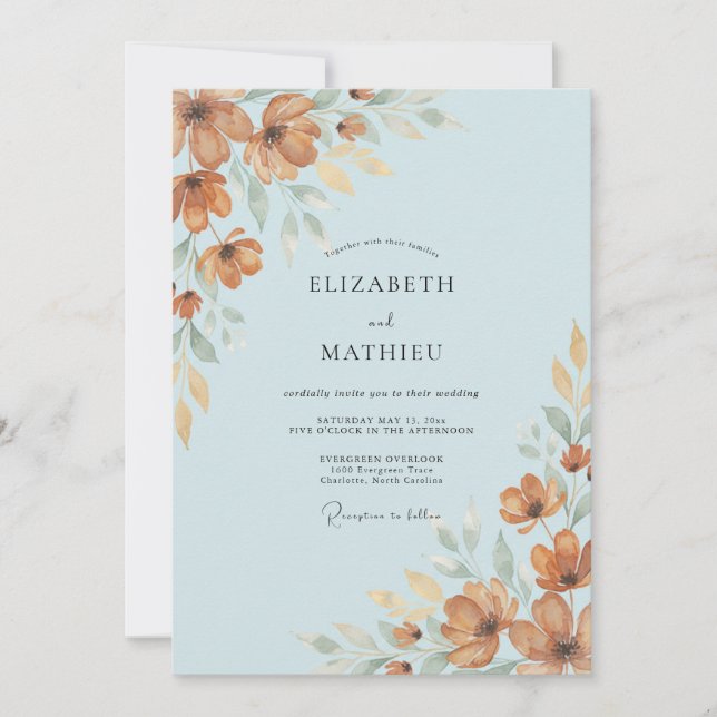 Invitación Boda Otoñal Ámbar Azul Polvo (Anverso)