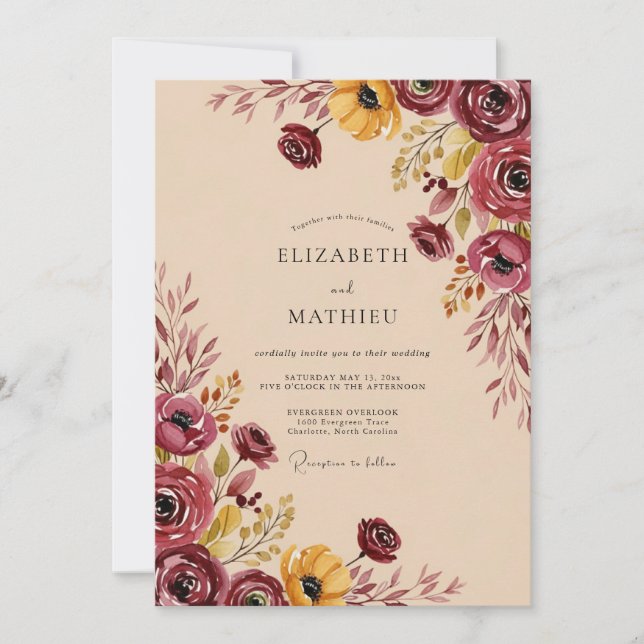 Invitación Boda Otoñal Artística Borgoña (Anverso)