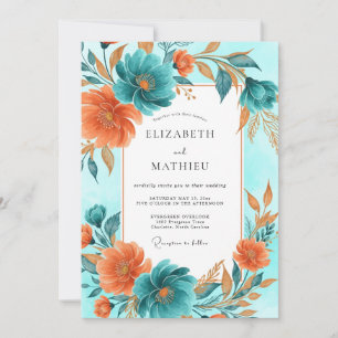 Invitación Boda Otoñal Artística de Terracota Verde Teal